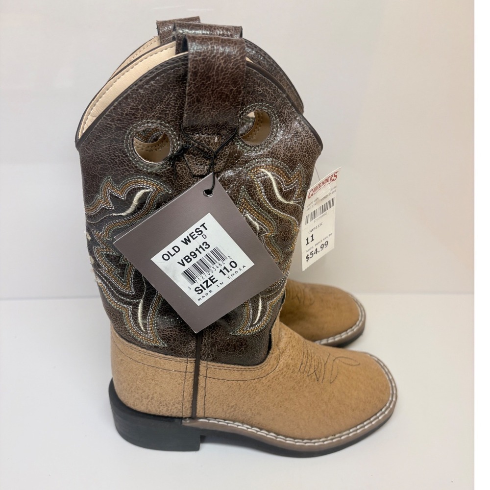 Old West Boys 11D Tan Brown Leatherette Wide Square Toe Cowboy Boots